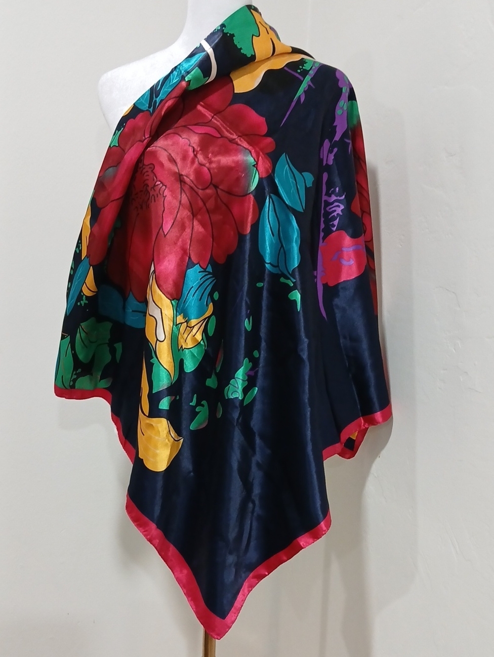 Navy Floral Silk Wrap with Red Trim
